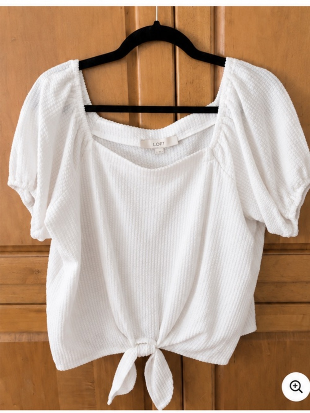 LOFT White Textured Tie-Front Puff Sleeve Top